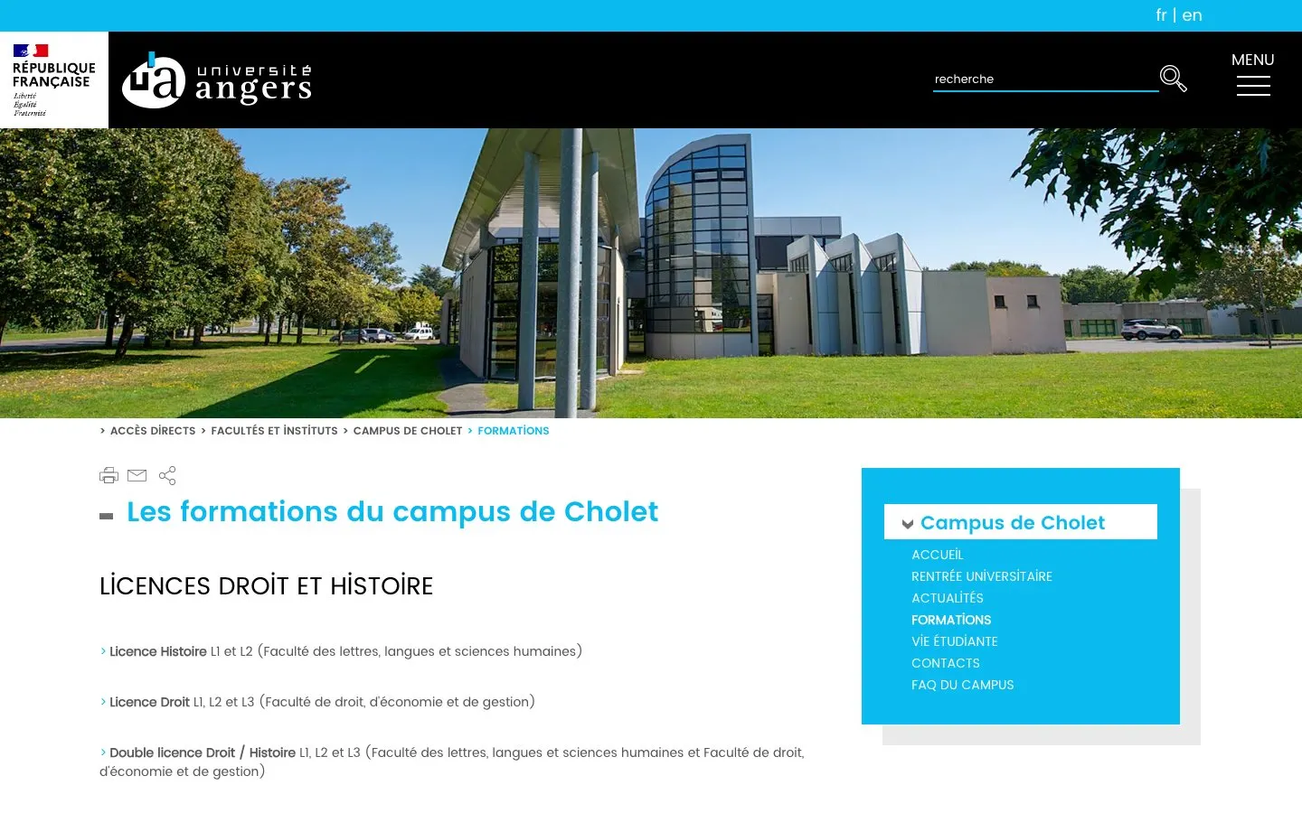 The website of Université d'Angers – ESTHUA, licences professionnelles Métiers de la mode (campus de Cholet)