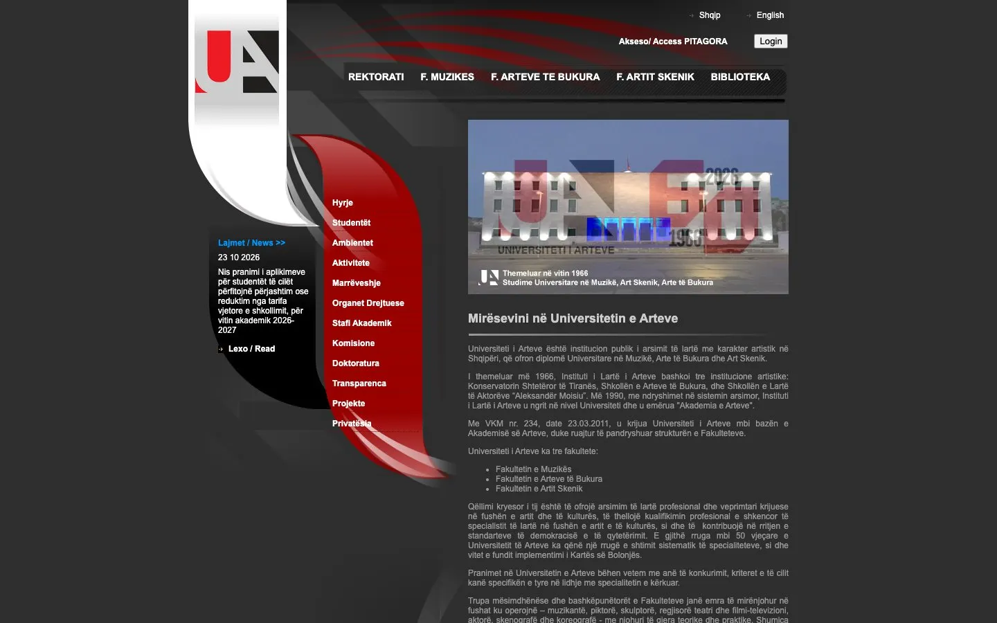 The website of Universiteti i Arteve
