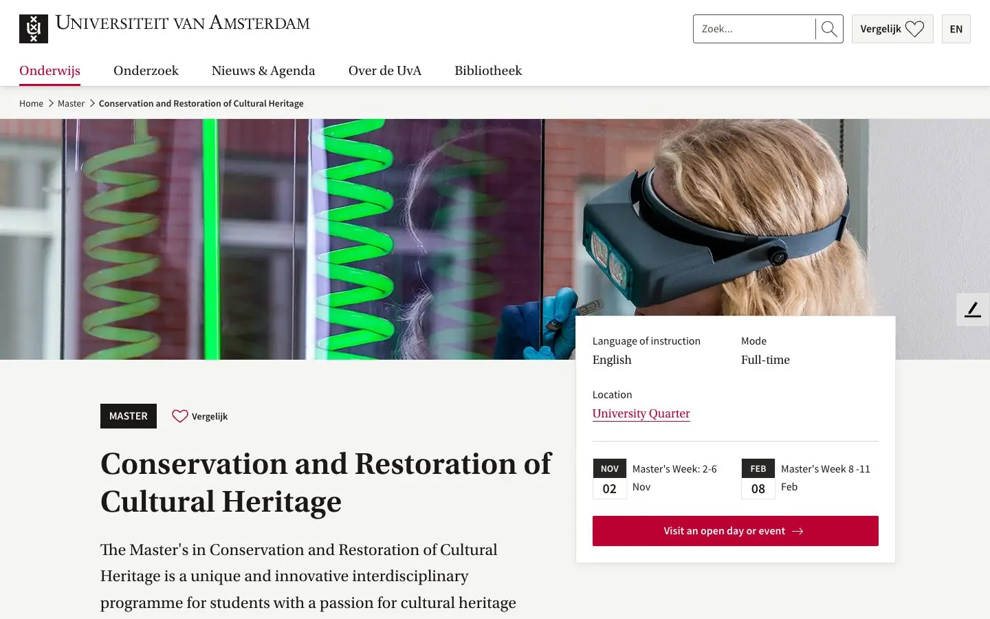 Сайт школы University of Amsterdam – Conservation and Restoration of Cultural Heritage