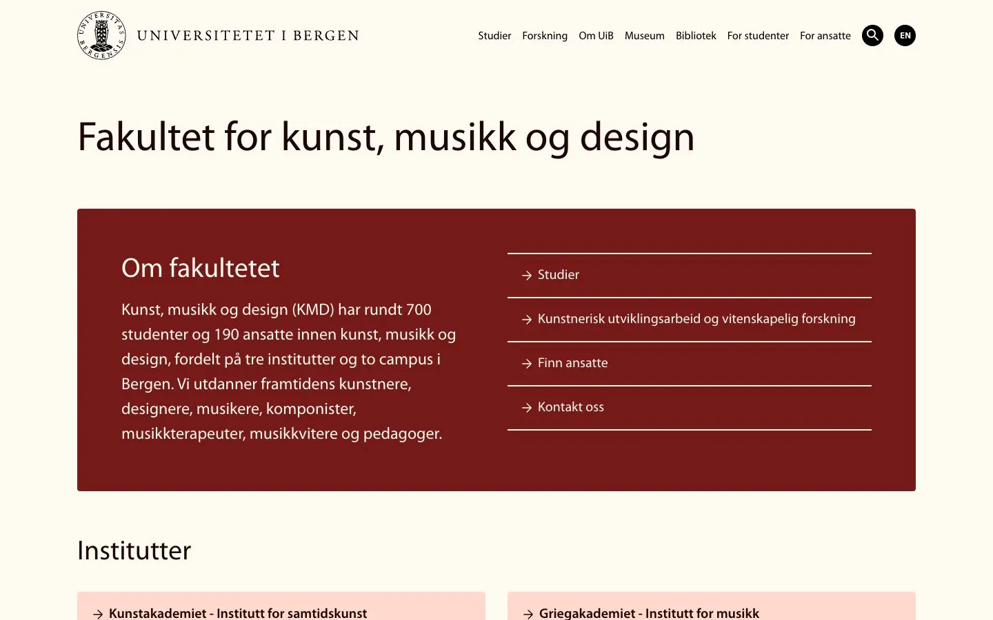 The website of University of Bergen – Faculty of Fine Art, Music and Design (KMD)
