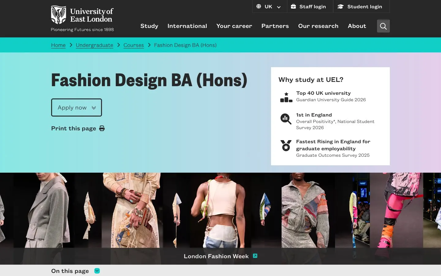 The website of University of East London – Fashion Design