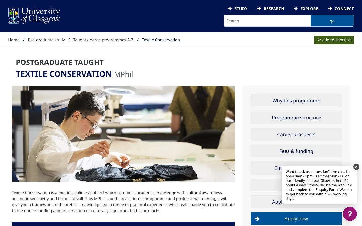The website of University of Glasgow – Textile Conservation and Book & Paper Conservation