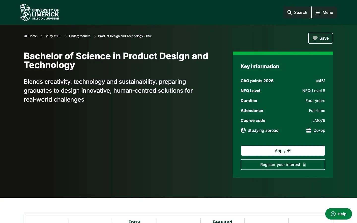 The website of University of Limerick – Product Design and Technology