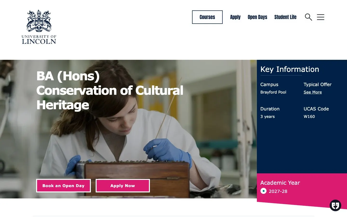 The website of University of Lincoln – Conservation and Product Design