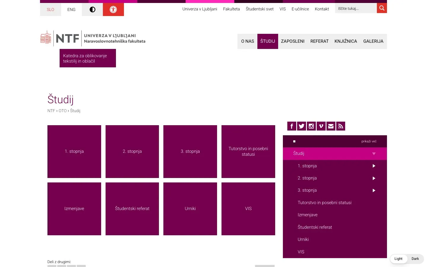 The website of University of Ljubljana, Faculty of Natural Sciences and Engineering – Department of Textiles, Graphic Arts and Design