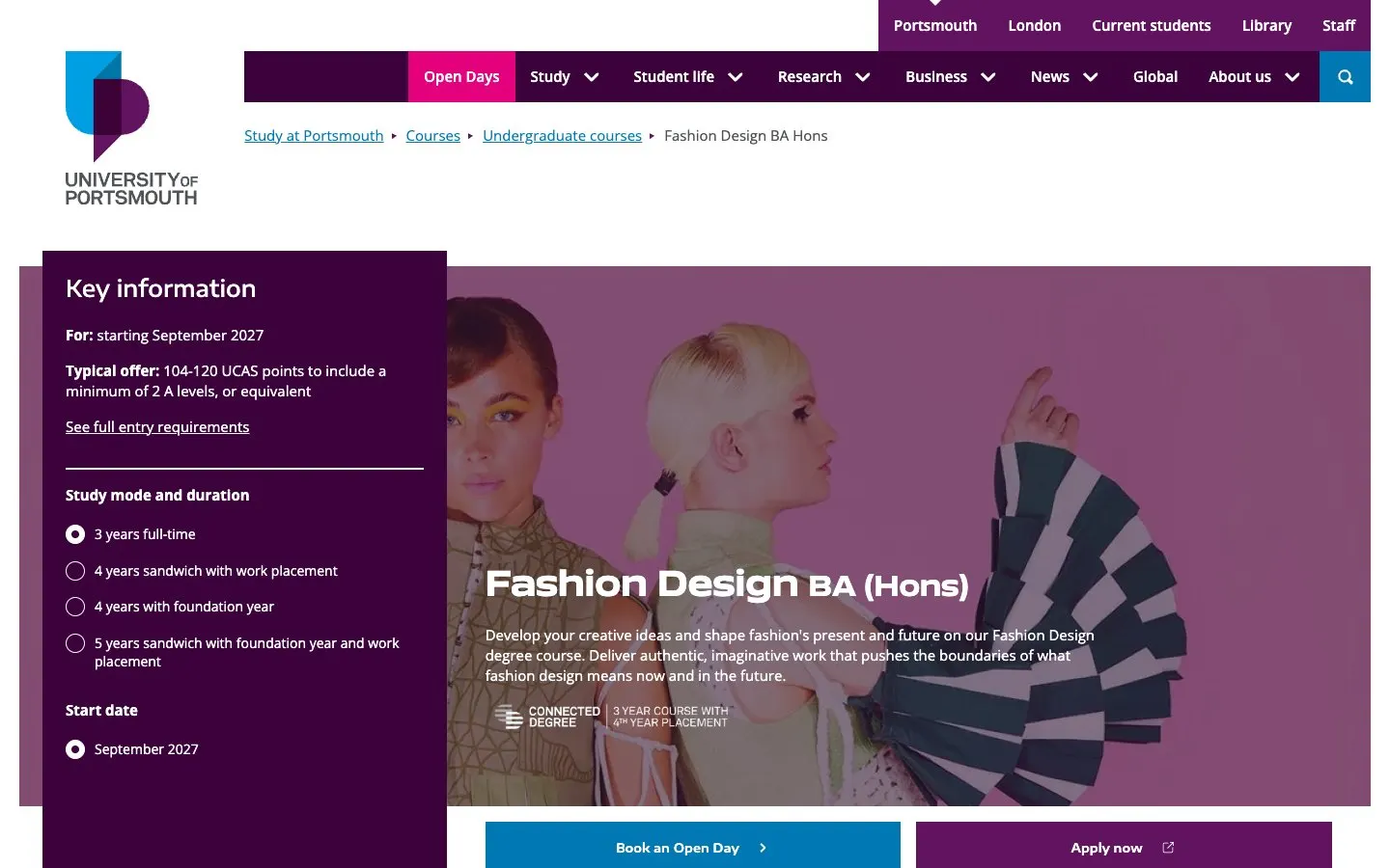 The website of University of Portsmouth – Fashion and Product Design
