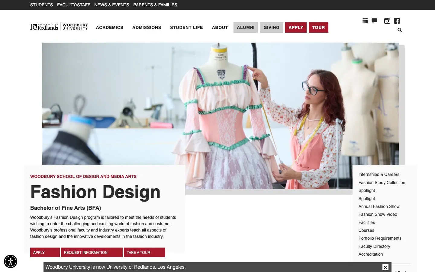 El sitio web de University of Redlands, Los Angeles – Fashion Design