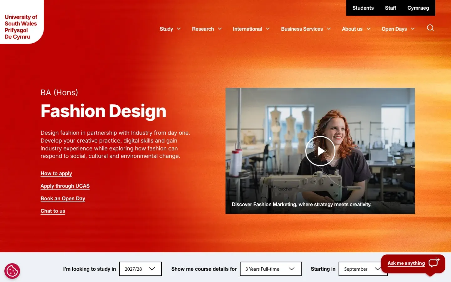 The website of University of South Wales – Fashion Design