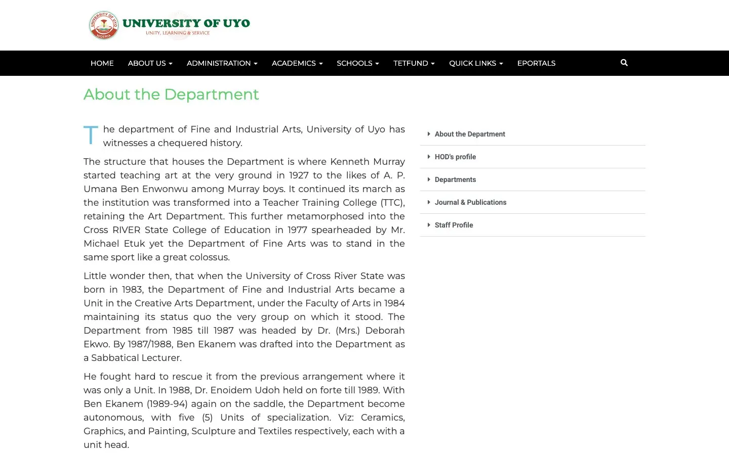 The website of University of Uyo – Department of Fine and Industrial Arts