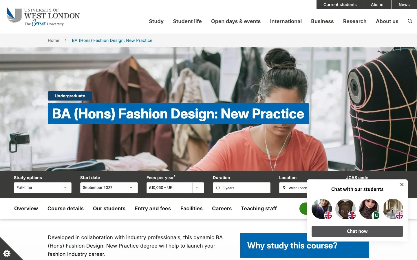 University of West London – Fashion Design की वेबसाइट