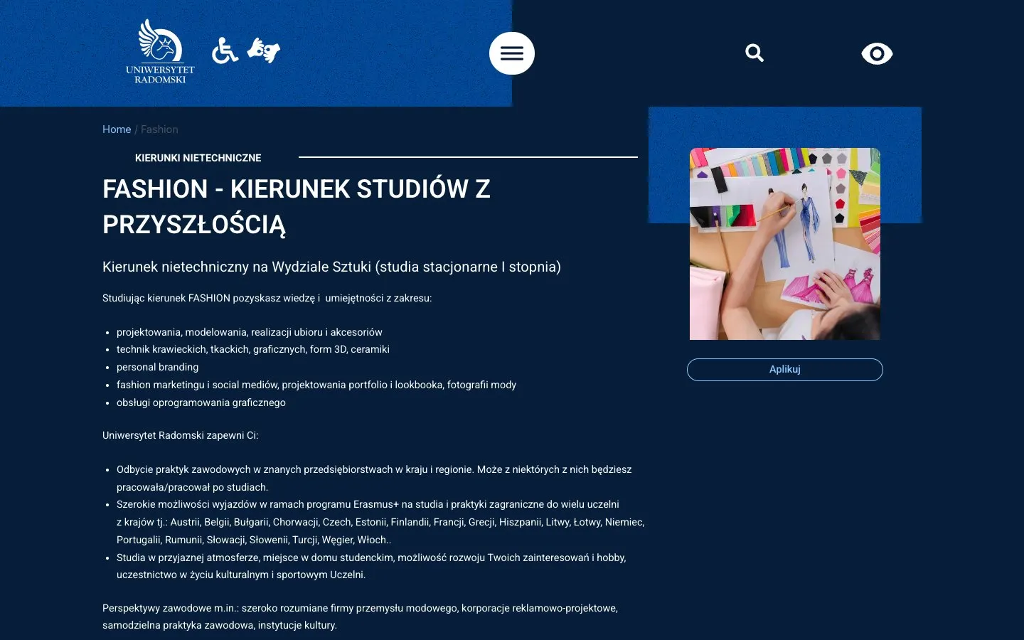 The website of Uniwersytet Radomski – Fashion (Wydział Sztuki)