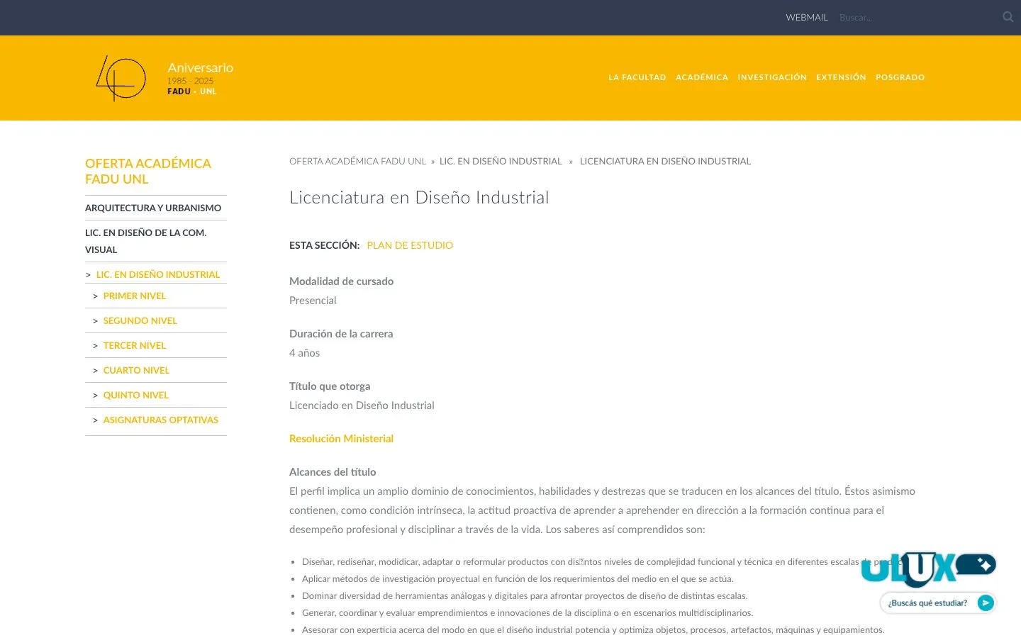 Il sito di UNL – FADU, Diseño Industrial