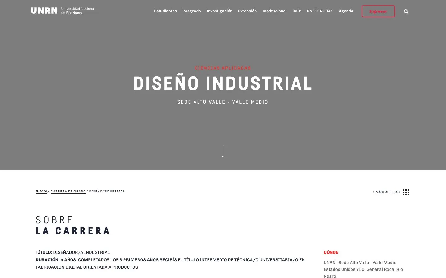 The website of UNRN – Diseño Industrial