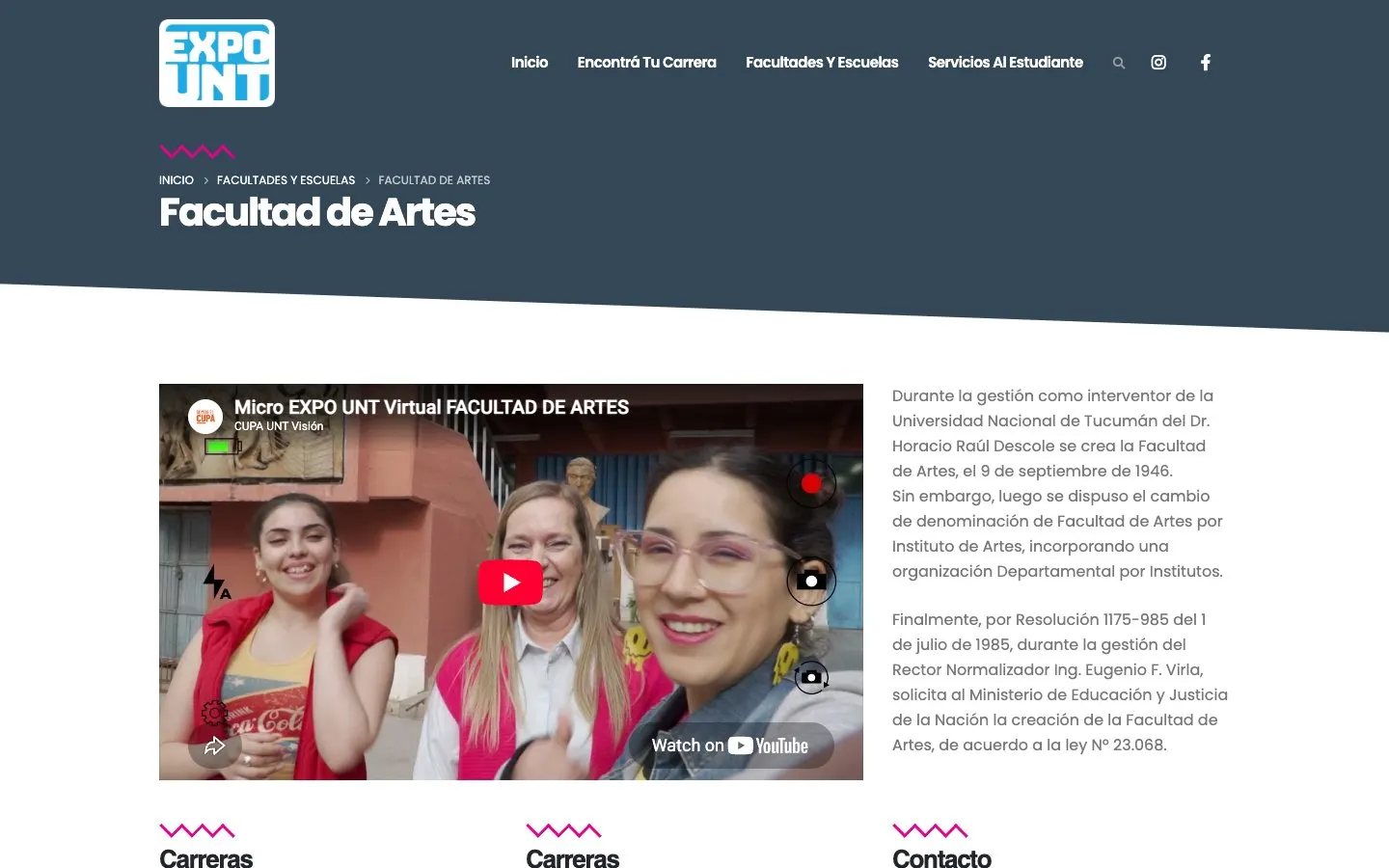 The website of UNT – Facultad de Artes (Luthería)