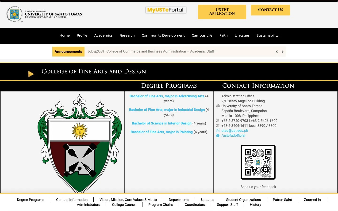 The website of UST College of Fine Arts and Design
