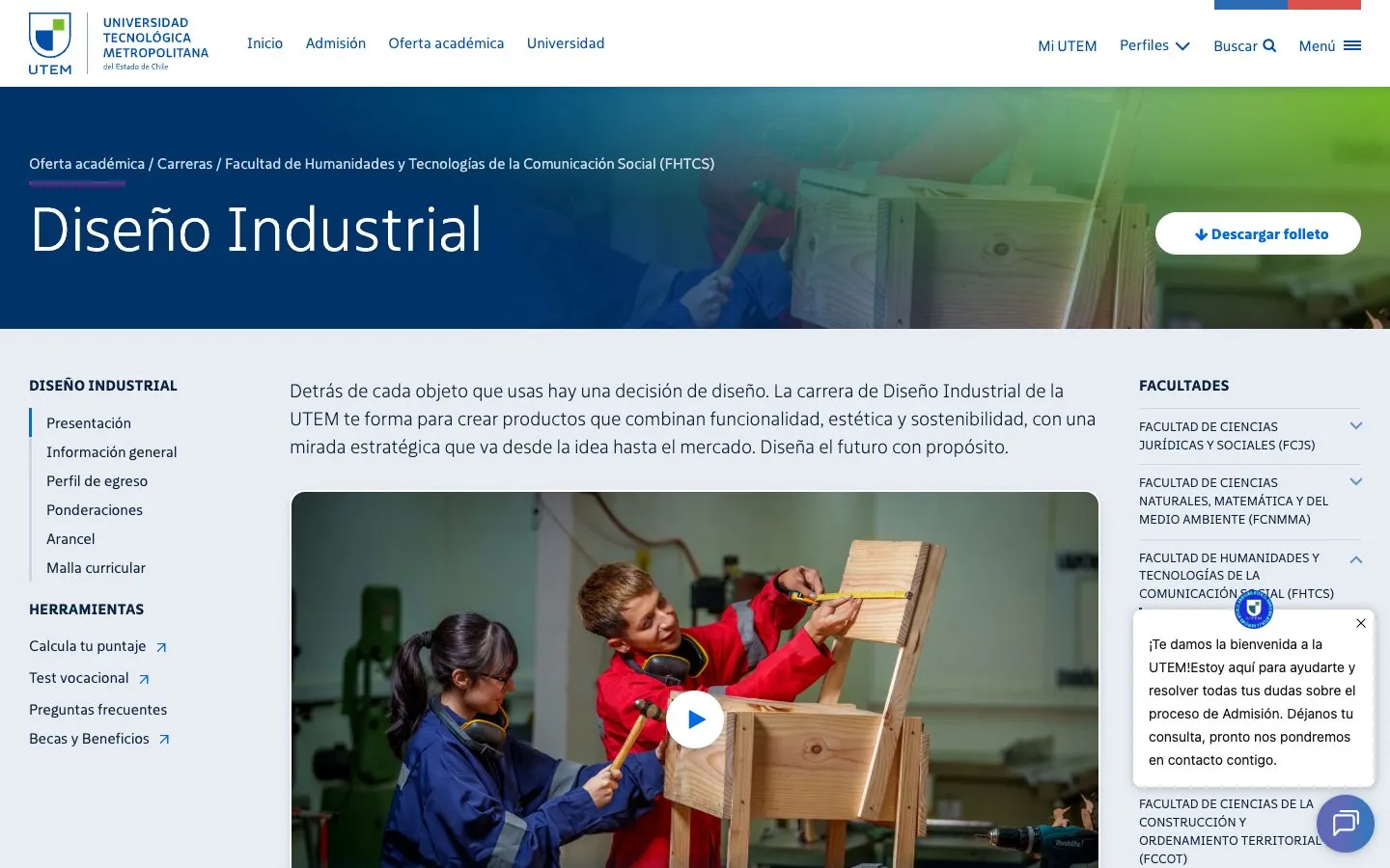 The website of UTEM – Diseño Industrial