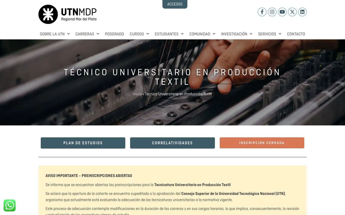 Il sito di UTN Mar del Plata – Producción Textil