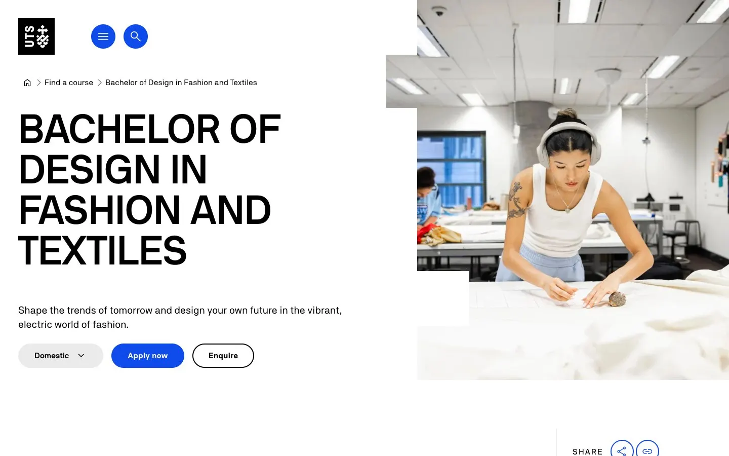 The website of UTS – Fashion and Textiles, Product Design