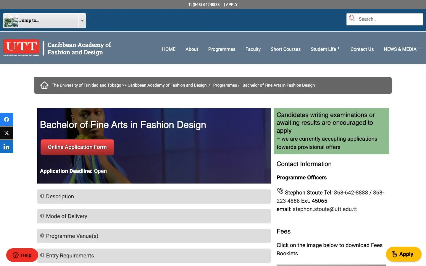 The website of UTT – Caribbean Academy of Fashion and Design