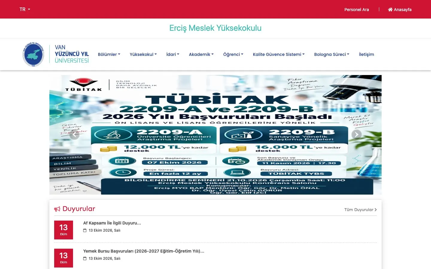 الموقع الإلكتروني لـ Van Yüzüncü Yıl Üniversitesi – Erciş Meslek Yüksekokulu