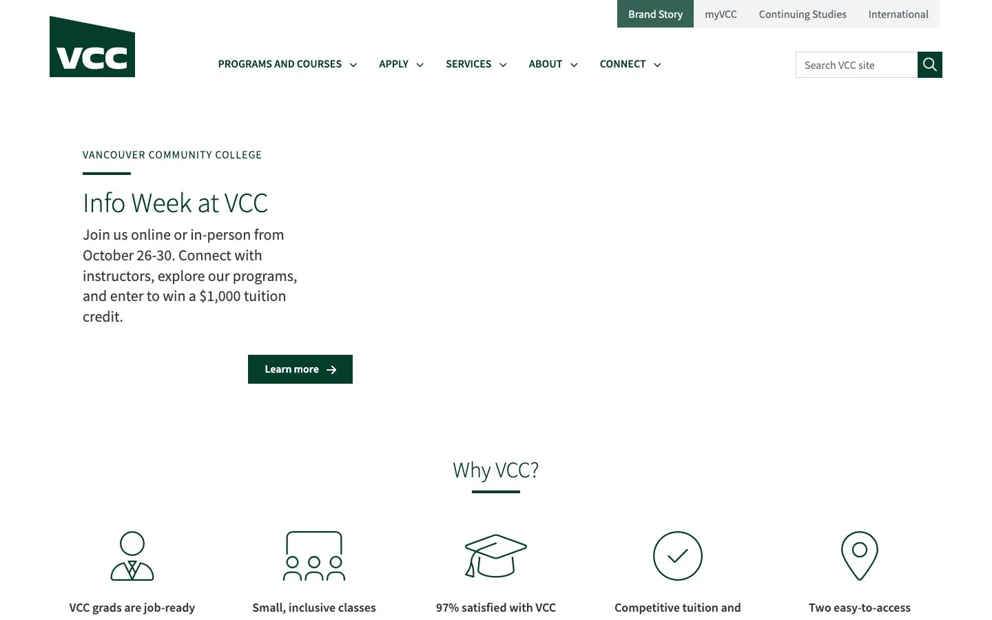 The website of Vancouver Community College (VCC)