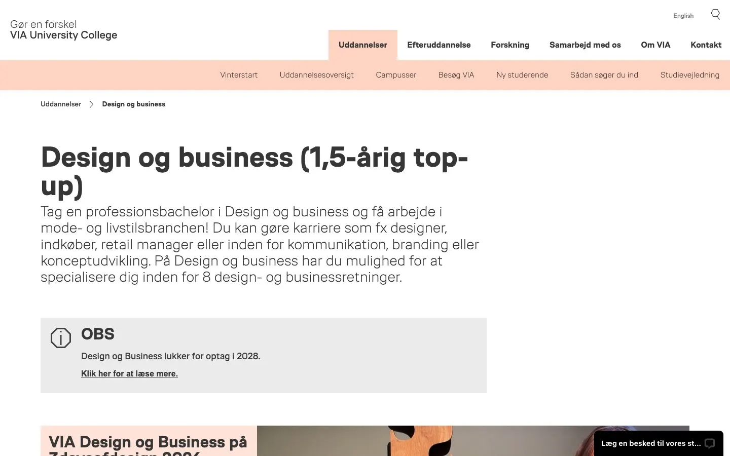 The website of VIA Design & Business (VIA University College)