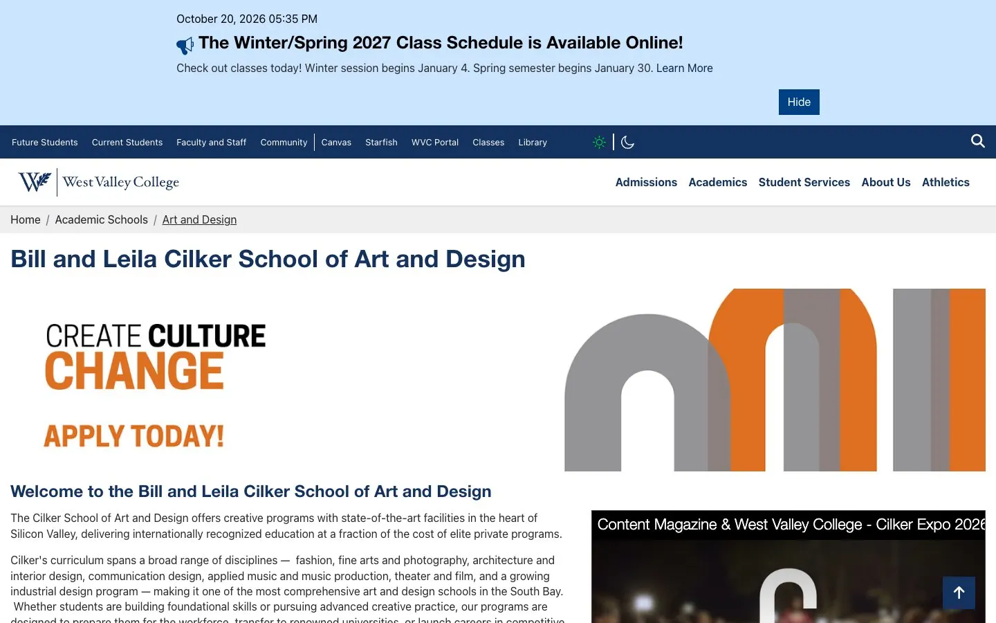 The website of West Valley College – Cilker School of Art and Design