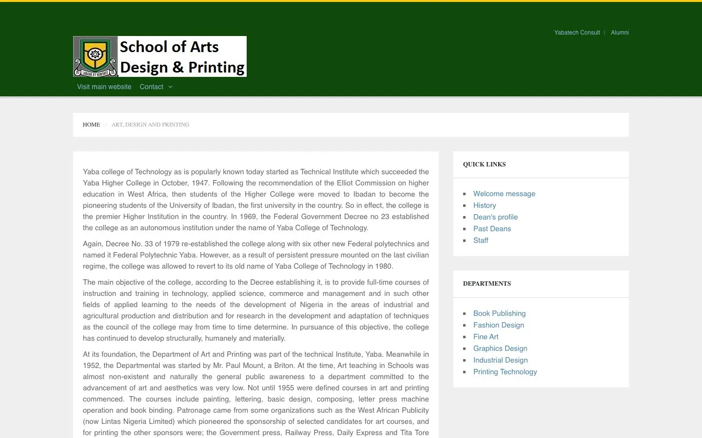 The website of Yaba College of Technology – School of Art, Design and Printing
