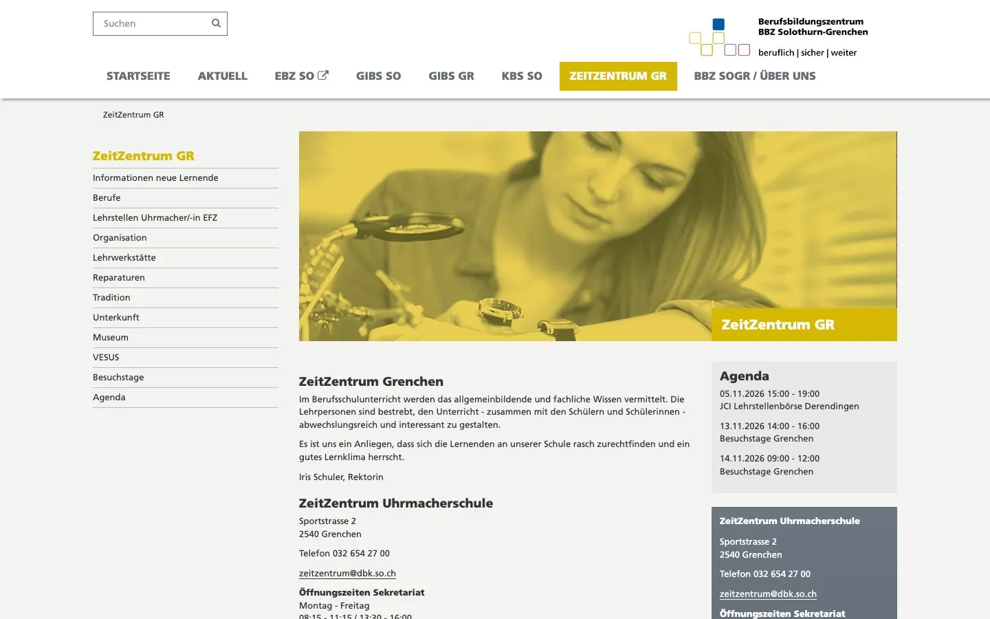 Die Website von ZeitZentrum Uhrmacherschule Grenchen