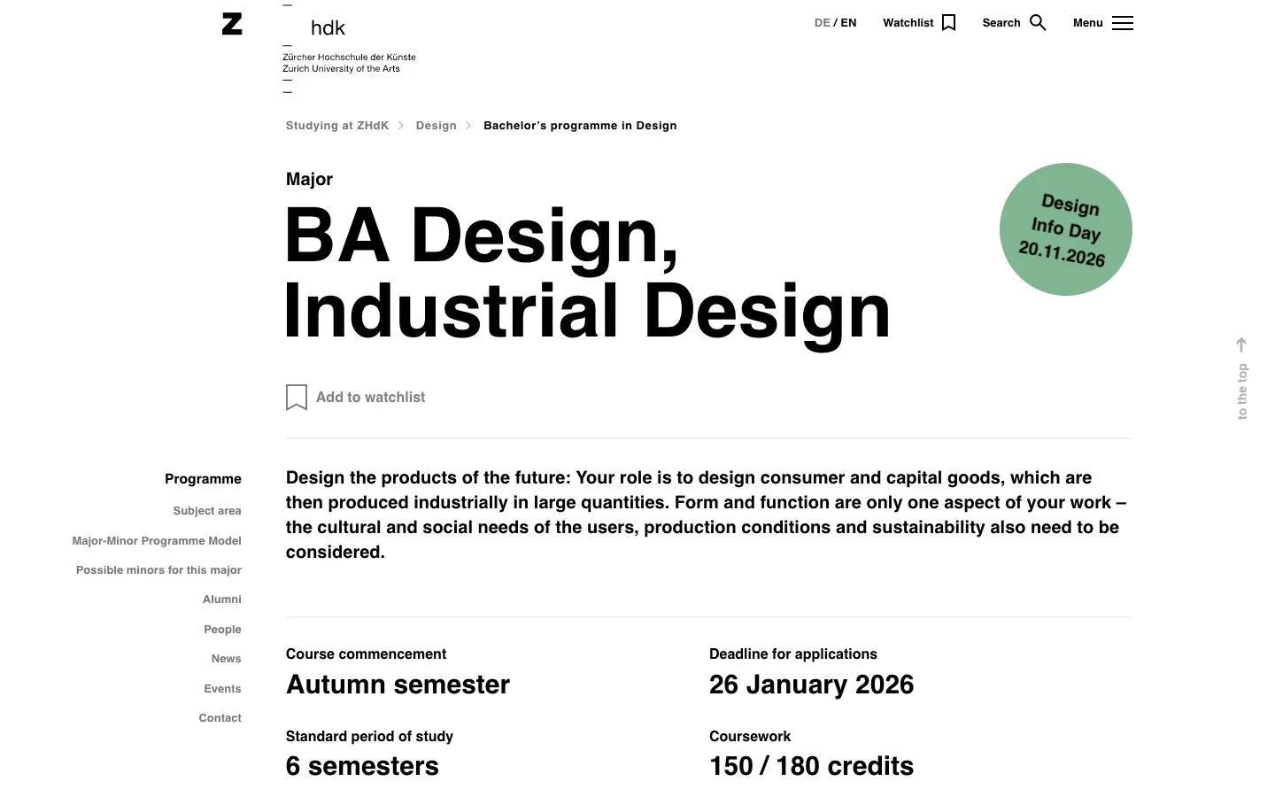 The website of ZHdK – Industrial Design