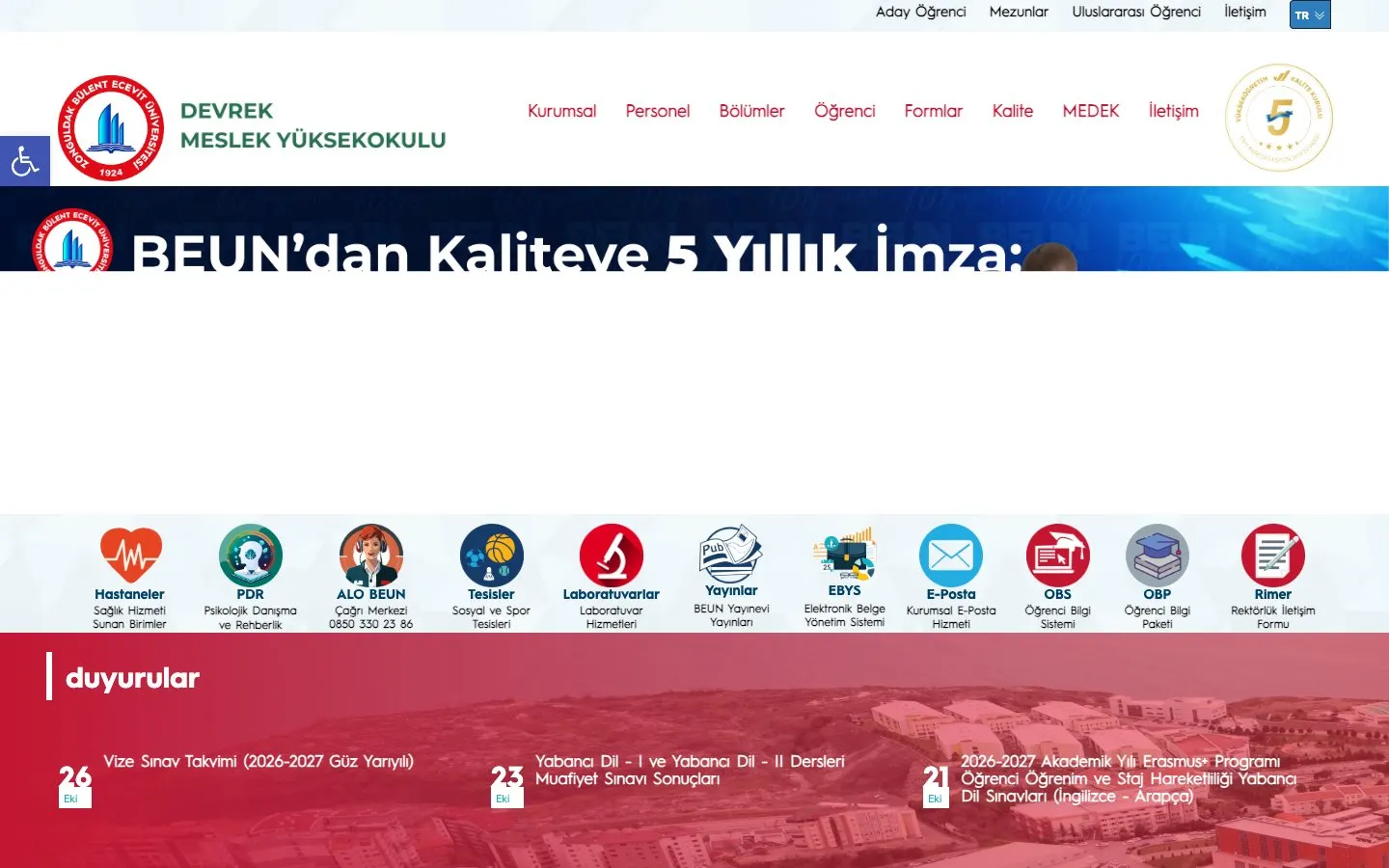 El sitio web de Zonguldak Bülent Ecevit Üniversitesi – Devrek Meslek Yüksekokulu